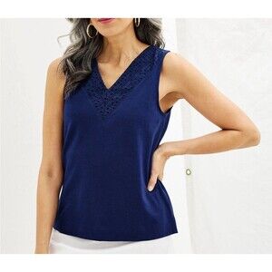 Croft & Barrow Tank Top Shirt Size XXL  Navy Blue Eyelet  Cotton V-neck New